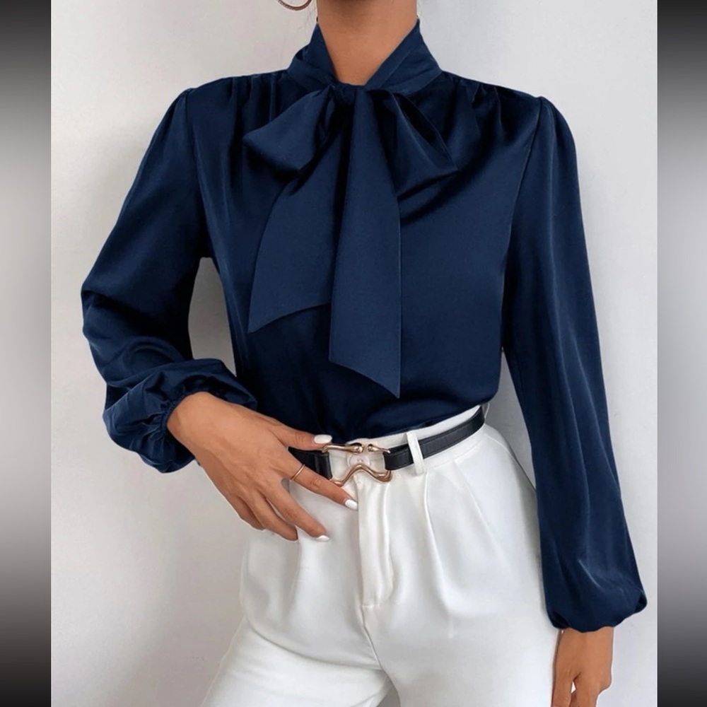 Classic Elegant Satin Tie Neck Work Office Top Blouse Shirt Blue